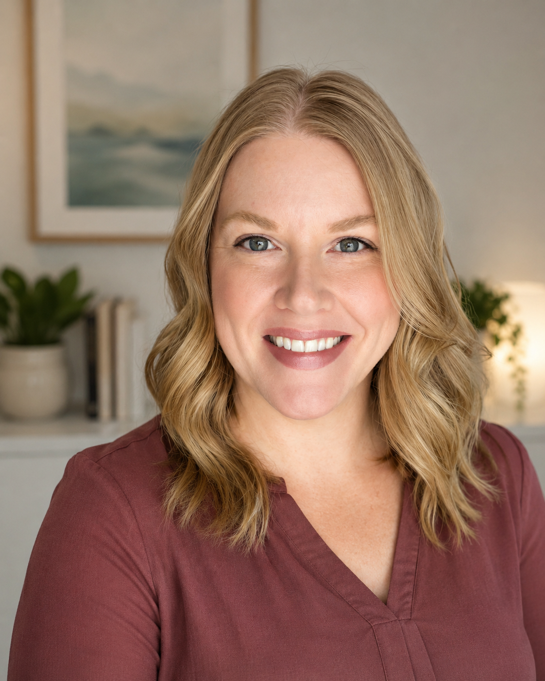 A smiling woman with blonde hair and blue eyes in a maroon top, in a cozy indoor setting with houseplants and artwork in the background.