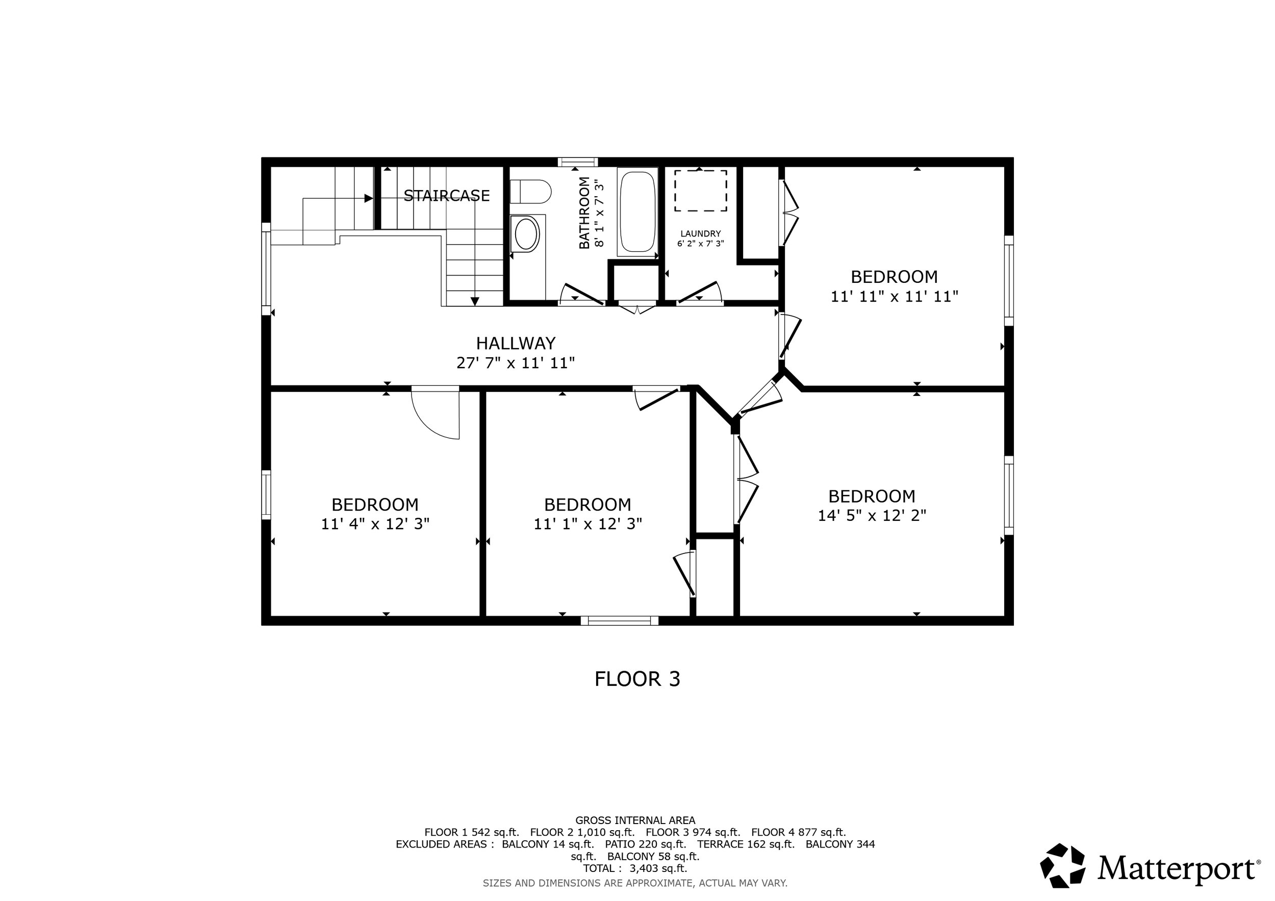 Floor plan of a multi-bedroom house showing rooms labeled as bedrooms, bathroom, laundry, hallway, and staircase with dimensions.