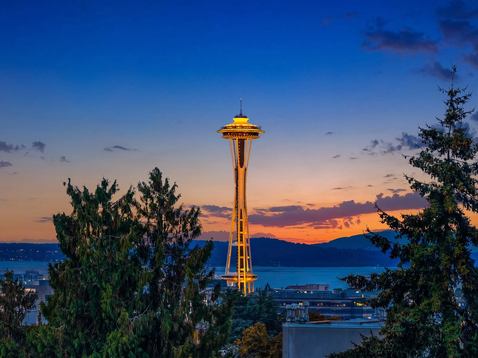Iconic Space Needle tower illuminated at dusk with a vibrant sunset sky and surrounding trees in Seattle, Washington.