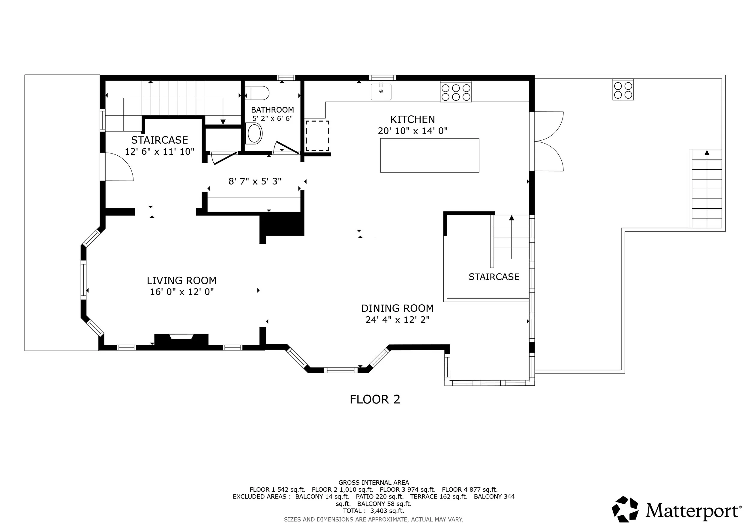 Floor plan of a two-story house showing living room, dining room, kitchen, bathroom, staircase, and various measurements.