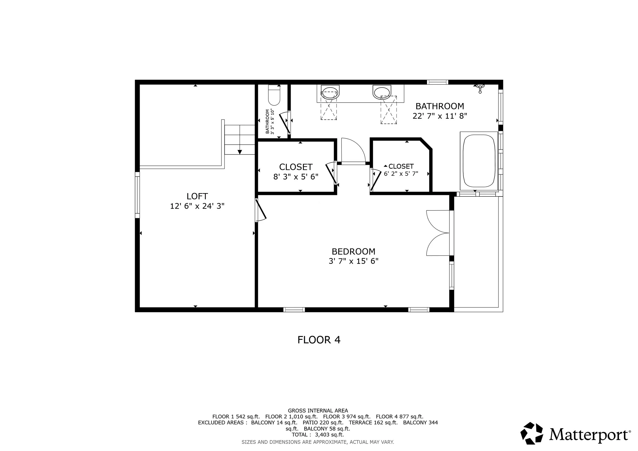 Floor plan of a residential building's fourth floor showing rooms including a loft, bedrooms, bathrooms, and closets, with measurements and area sizes.