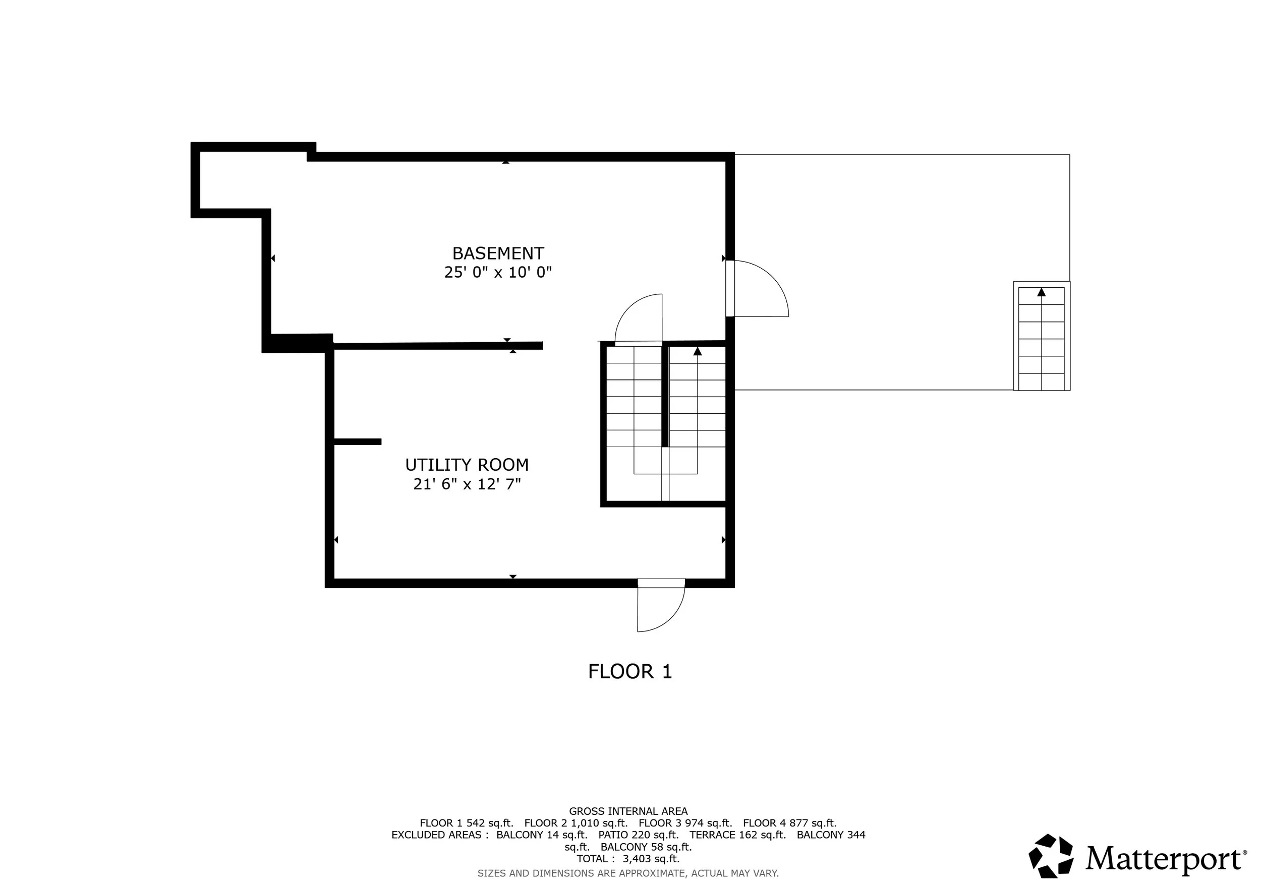 A detailed architectural floor plan of a basement layout, showing rooms labeled as basement and utility room with dimensions, stairs, and exterior areas.
