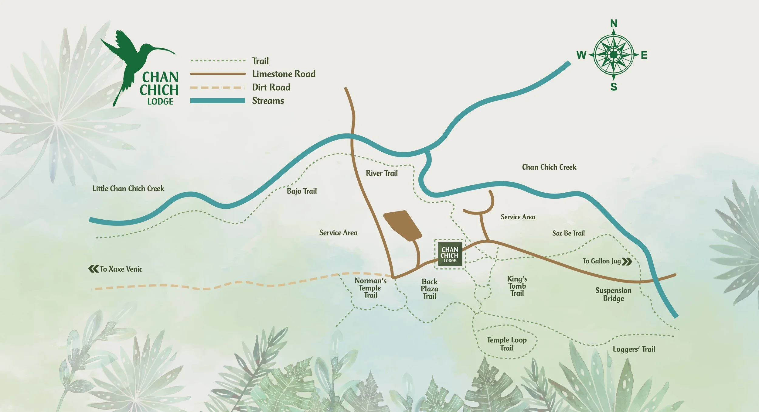 Map of the nature trails that run out from the lodge into the surrounding rainforest