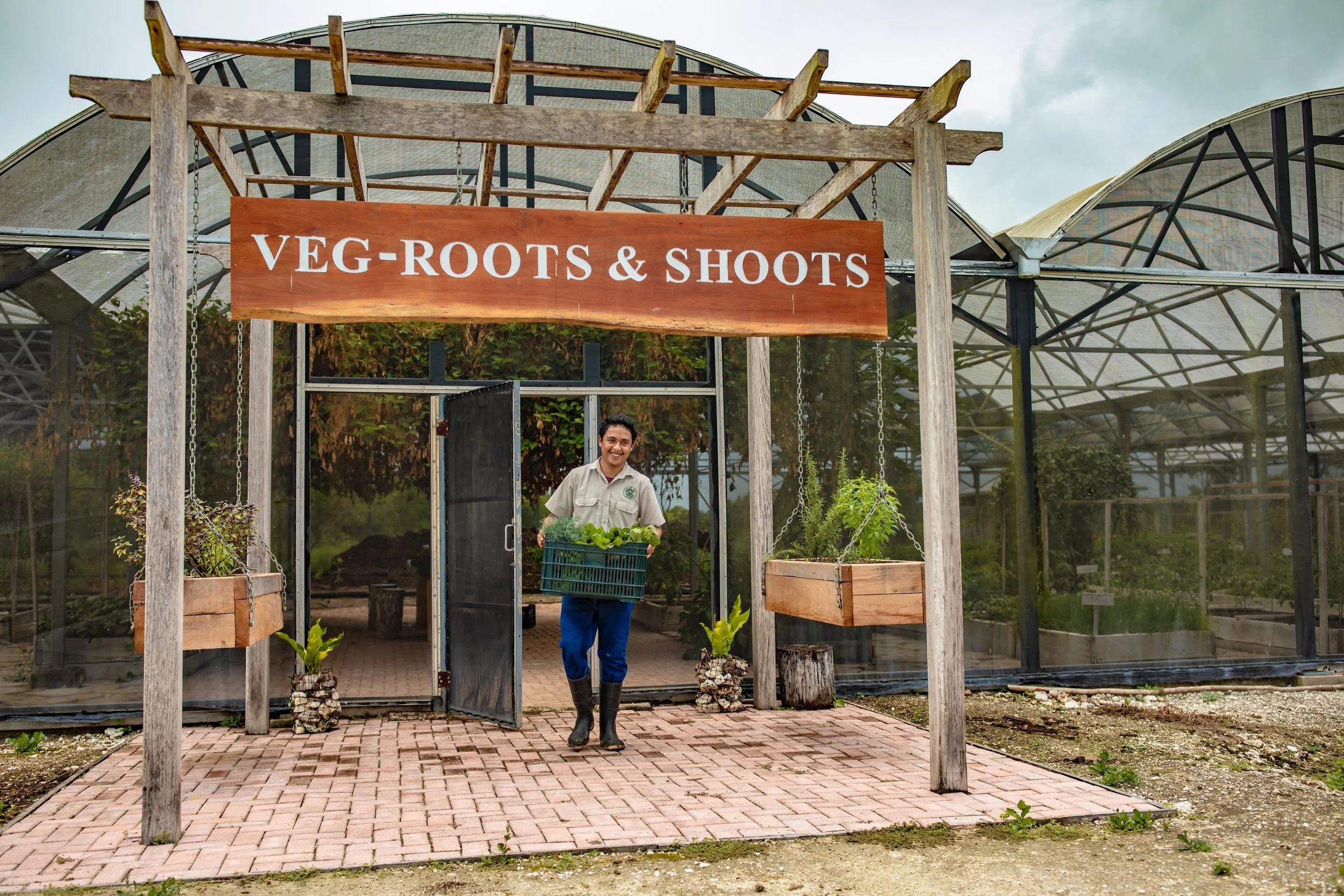 Greenhouse entrance under a sign reading Veg Roots & Shoots, with a man standing in the doorway