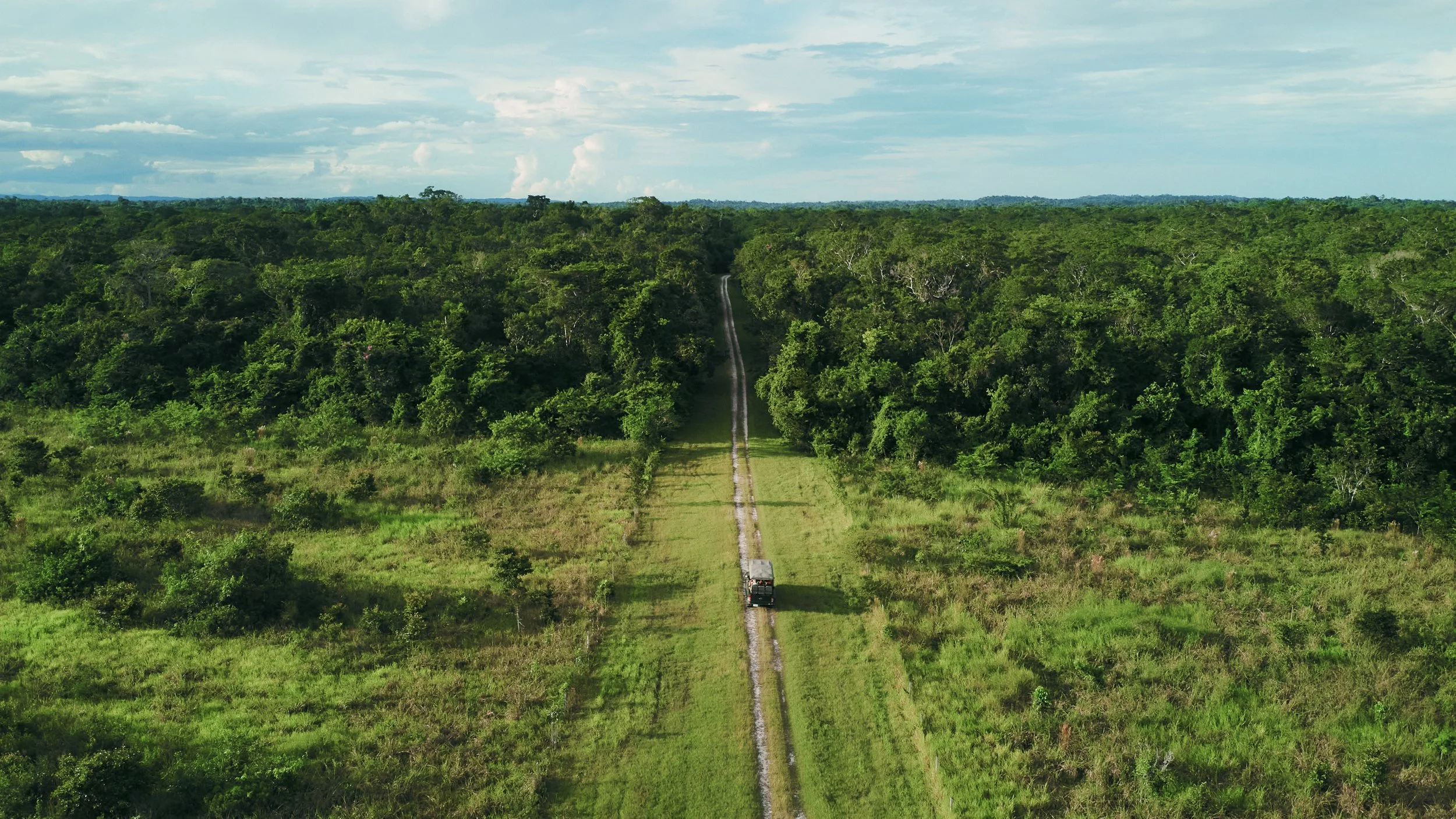 Aerial view of a car on a dirt road cutting through dense rainforest under a cloudy sky