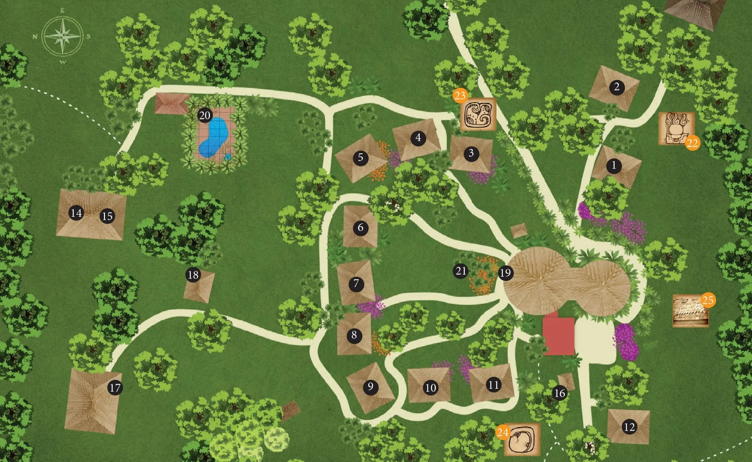 Map of the lodge grounds with each cabana, service building and archaeological structure numbered to match the list above