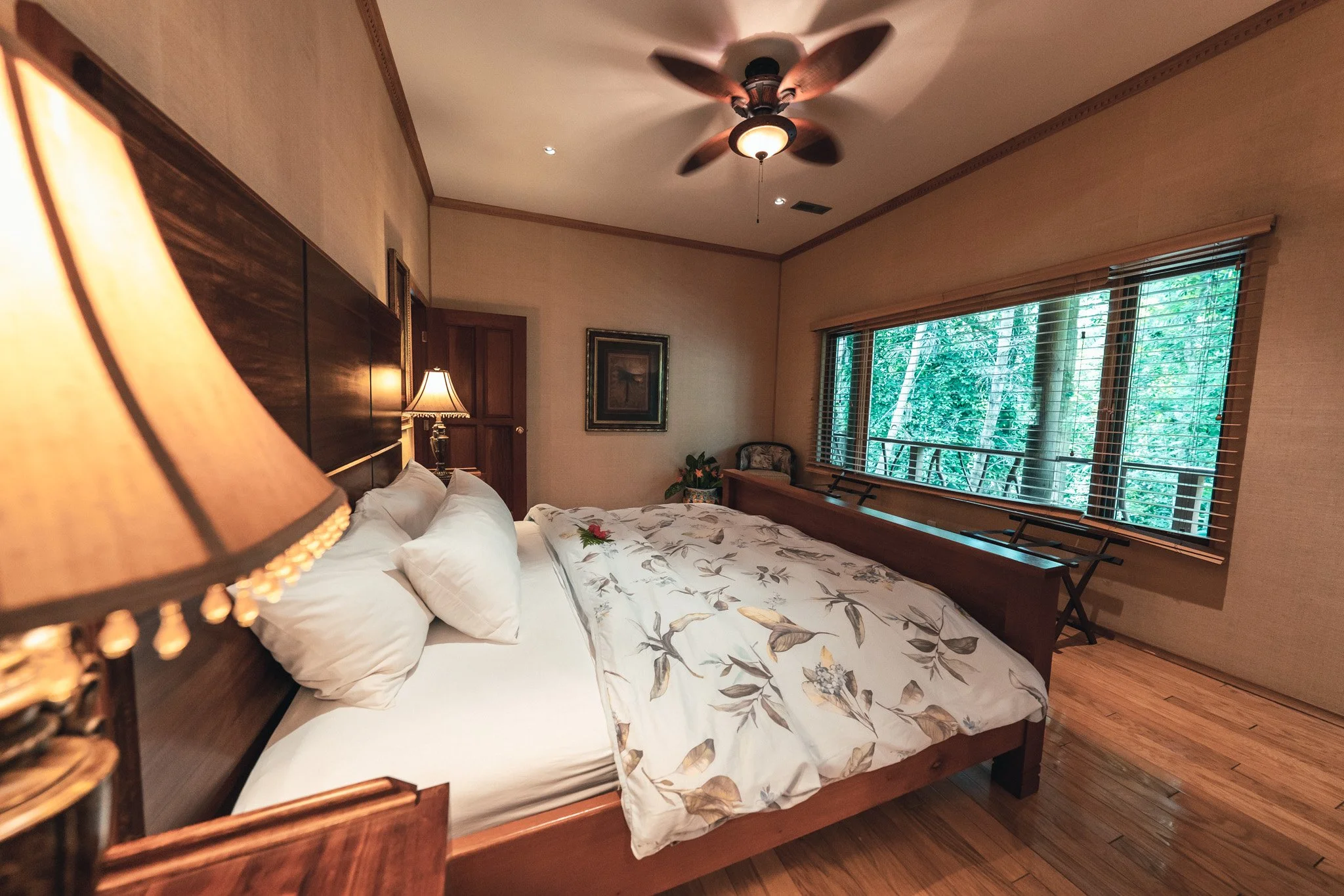 Bedroom with a bed, wooden furniture, a framed picture and a table lamp, and trees outside a window with blinds