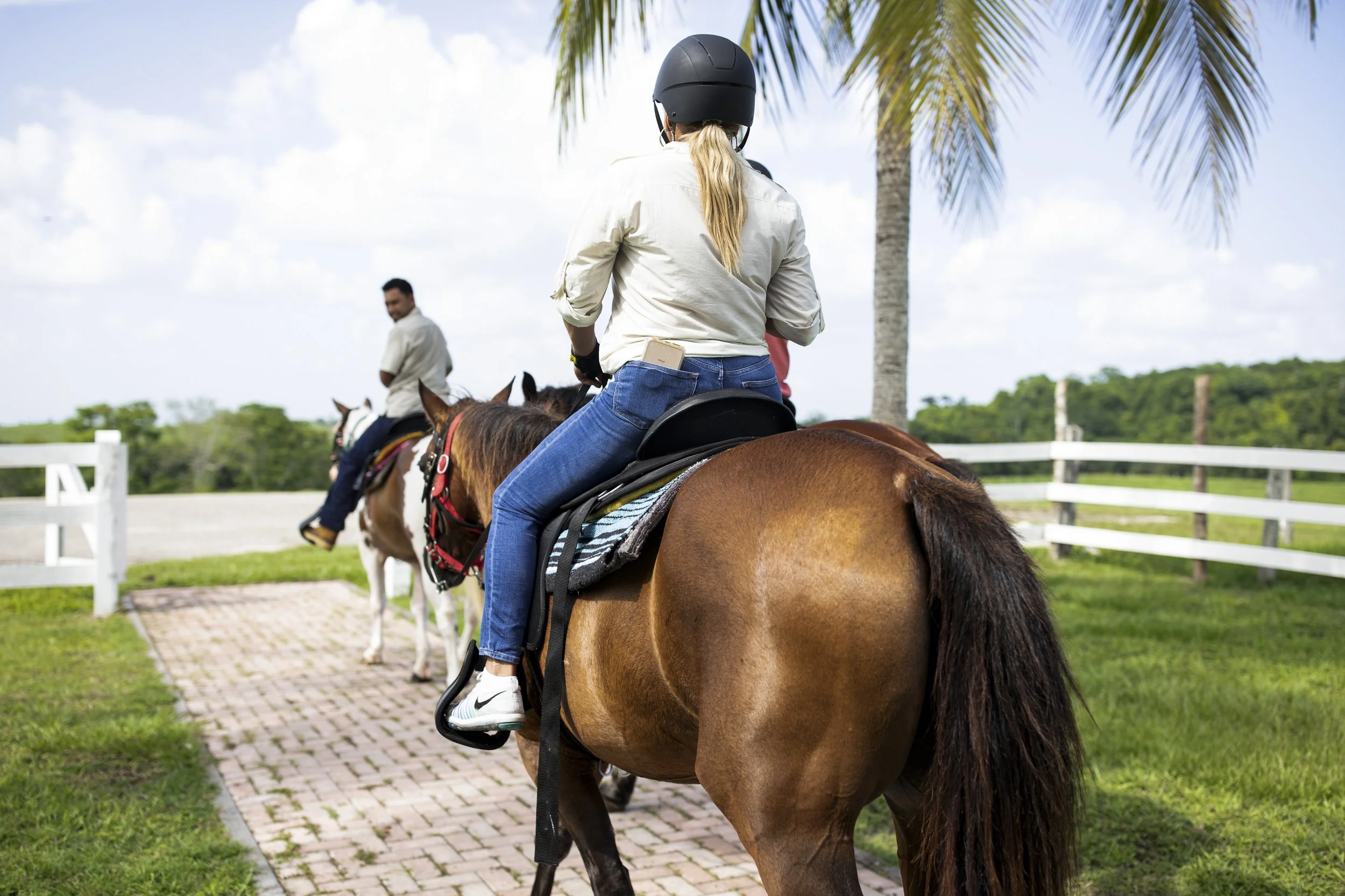 A woman wearing a helmet riding a brown horse on a paved path in a green outdoor area, with another rider and horse in the background near palm trees.