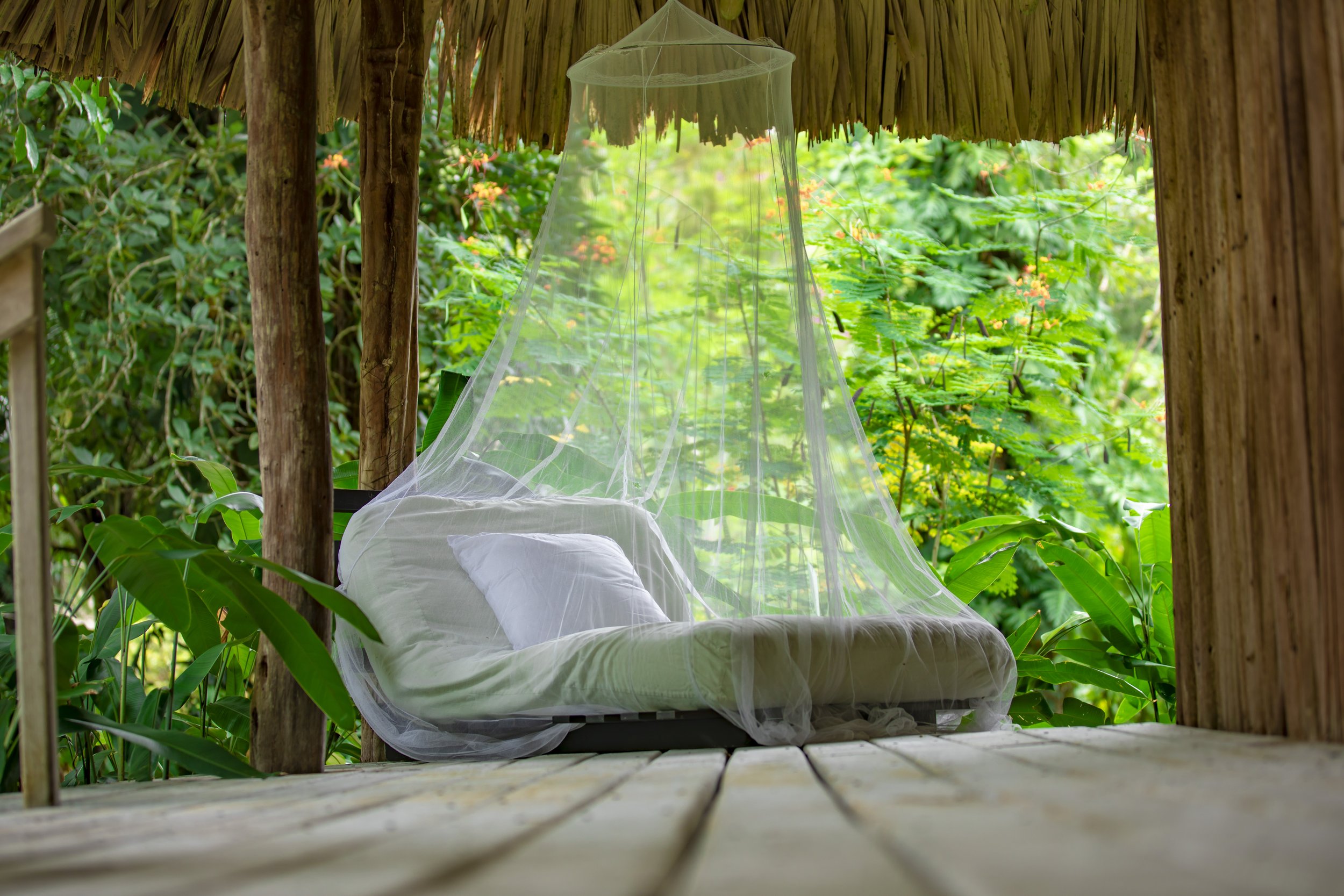 A bed with white sheets and pillows under a canopy with mosquito netting on a wooden deck, surrounded by lush green tropical plants, with a thatched roof overhead.