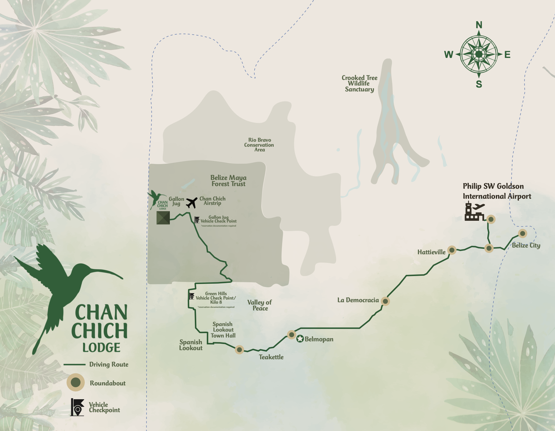 Illustrated route map carrying the Chan Chich Lodge logo and a hummingbird drawing
