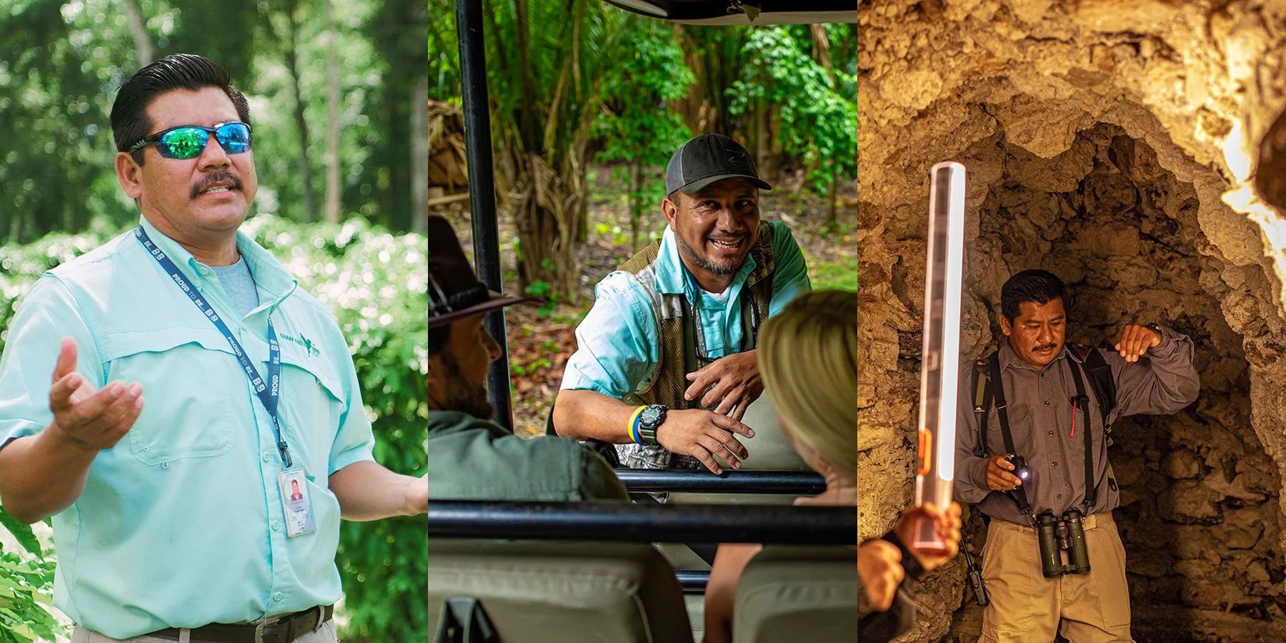 Collage of three Chan Chich guides at work, talking outdoors, riding with guests and exploring a passage by flashlight