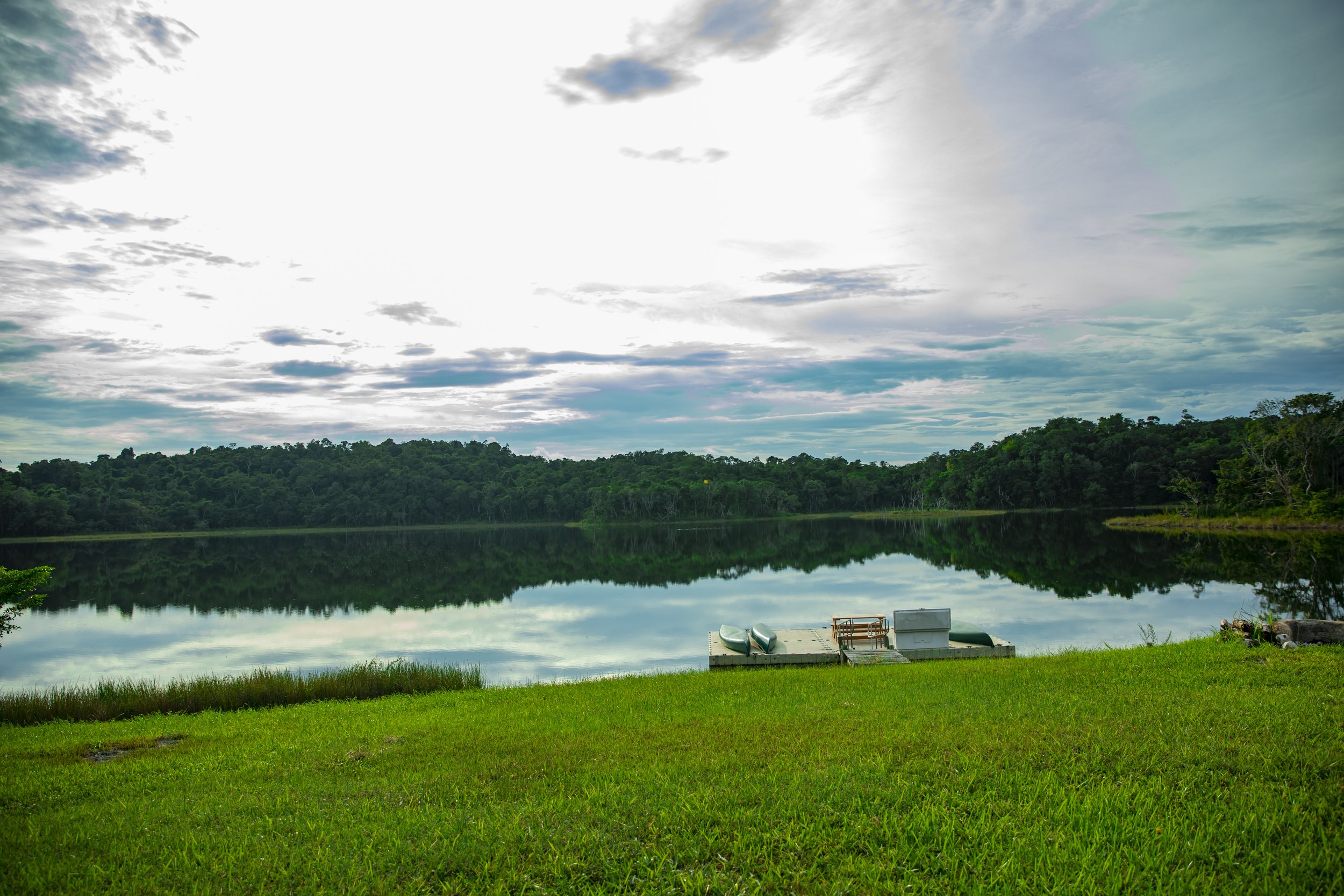 Grassy shore and a small dock on a lagoon, ringed by rainforest under a bright cloudy sky