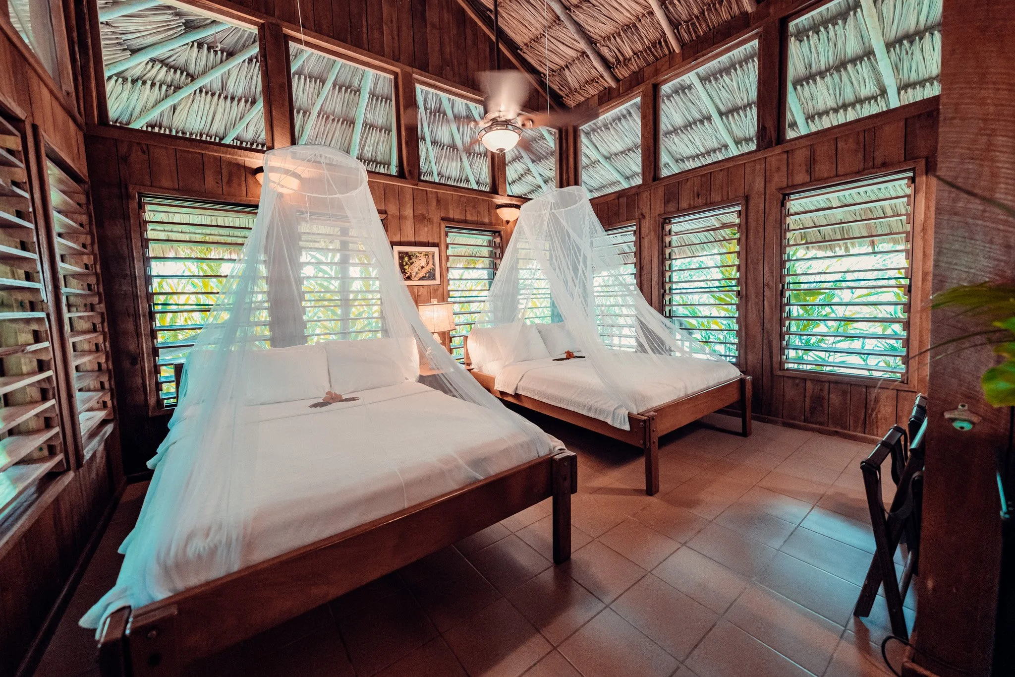 Two beds under mosquito nets in a wood-walled room with blinds on the windows and tropical-style decor