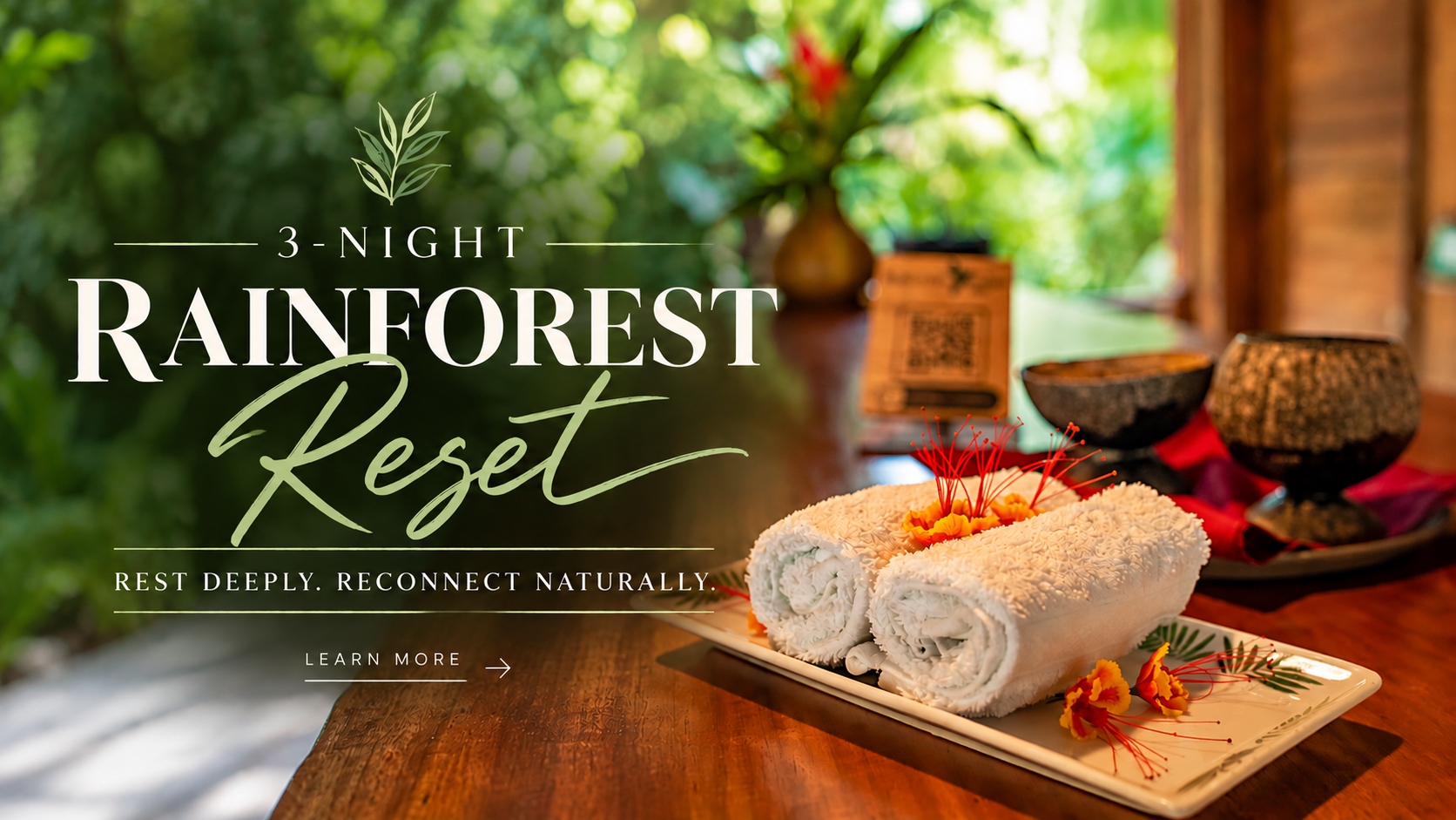 A promotional image for a 3-night rainforest reset retreat, featuring a wooden table with two rolled towels decorated with flowers, surrounded by bowls, with a lush green rainforest in the background.