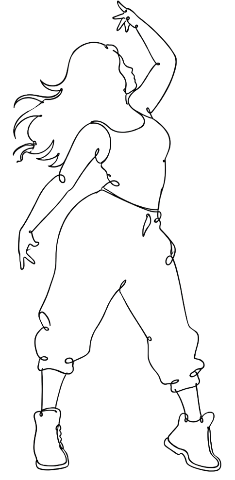Line drawing of a woman in a dance pose with one arm raised and the other by her side, wearing casual clothing and boots.