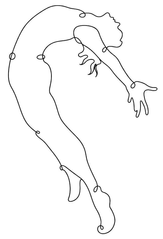 Line drawing of a woman in a dance pose reaching her head back and her arms back behind her while balancing on her tippy toes.