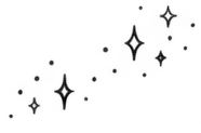Black background with white star-like sparkles and diamond-shaped glimmers.