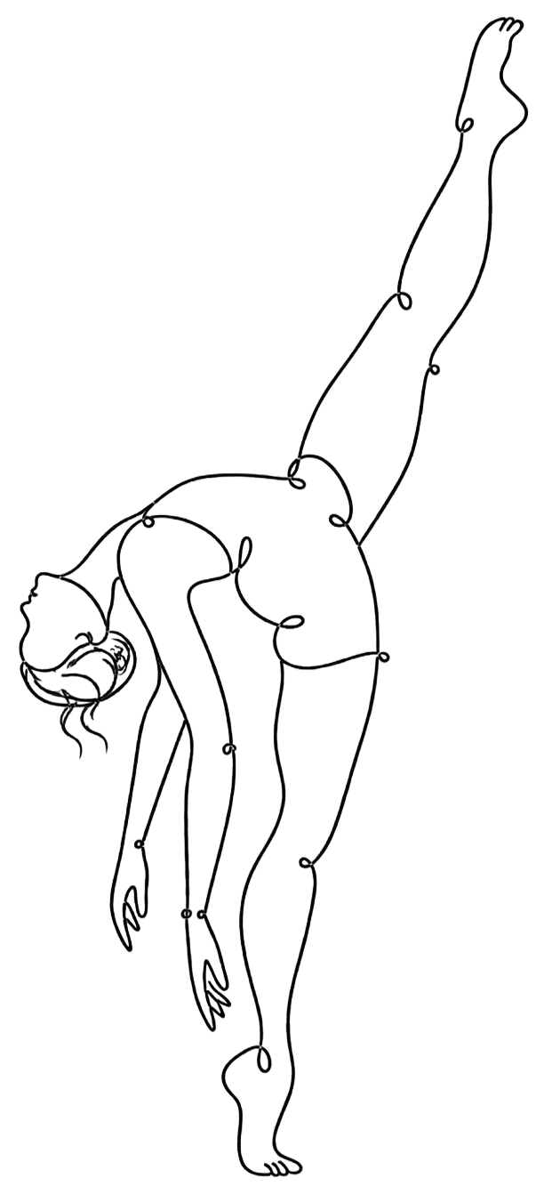 Line drawing of a woman doing a high leg kick dance pose.