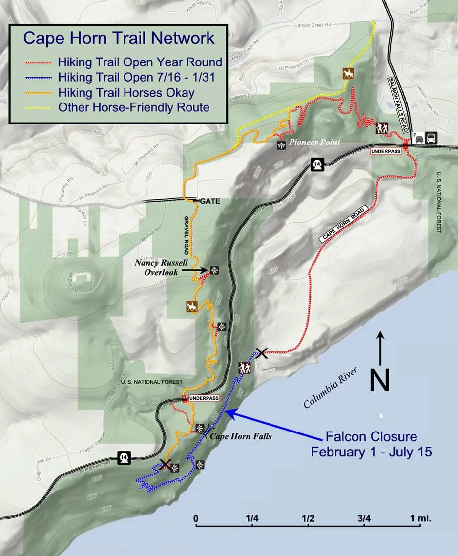 Map of Cape Horn Trail Network showing hiking trails, other horse-friendly routes, gates, overlooks, and closures, with points of interest like Cape Horn Falls, Pioneer Point, and Nancy Russell Overlook, along Columbia River in U.S. National Forest.