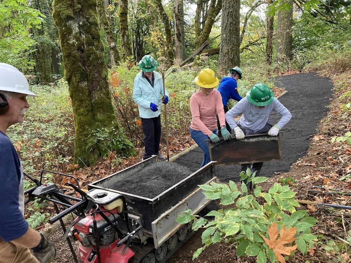 People wearing safety helmets and gloves working on the Cape Horn Trail in a forest, spreading gravel with a machine.