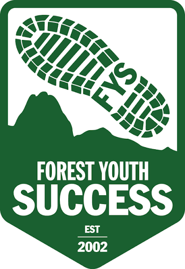 A green and white outdoor-themed logo for Forest Youth Success, established in 2002, featuring a footprint and mountain silhouette.