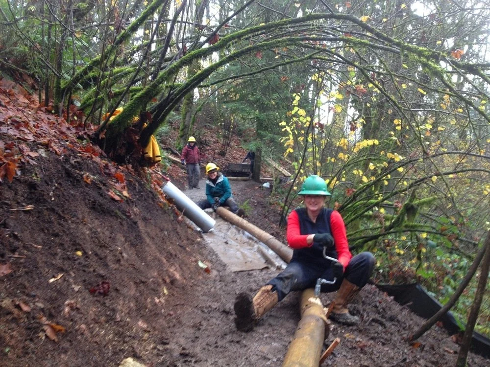 Cape Horn Conservancy volunteers in rain gear and safety helmets repairing a muddy hillside with large pipes in a forested area.