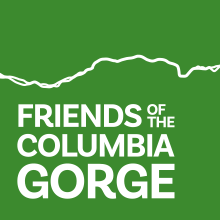 Logo for Friends of the Columbia Gorge with white text on a green background.