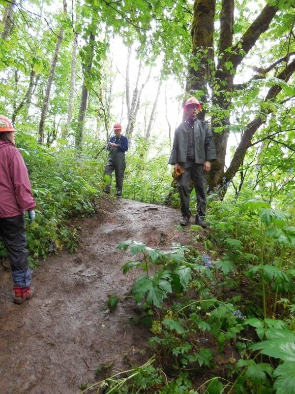Three Cape Horn Conservancy volunteers wearing helmets and rain jackets working on a muddy trail in a lush green forest.