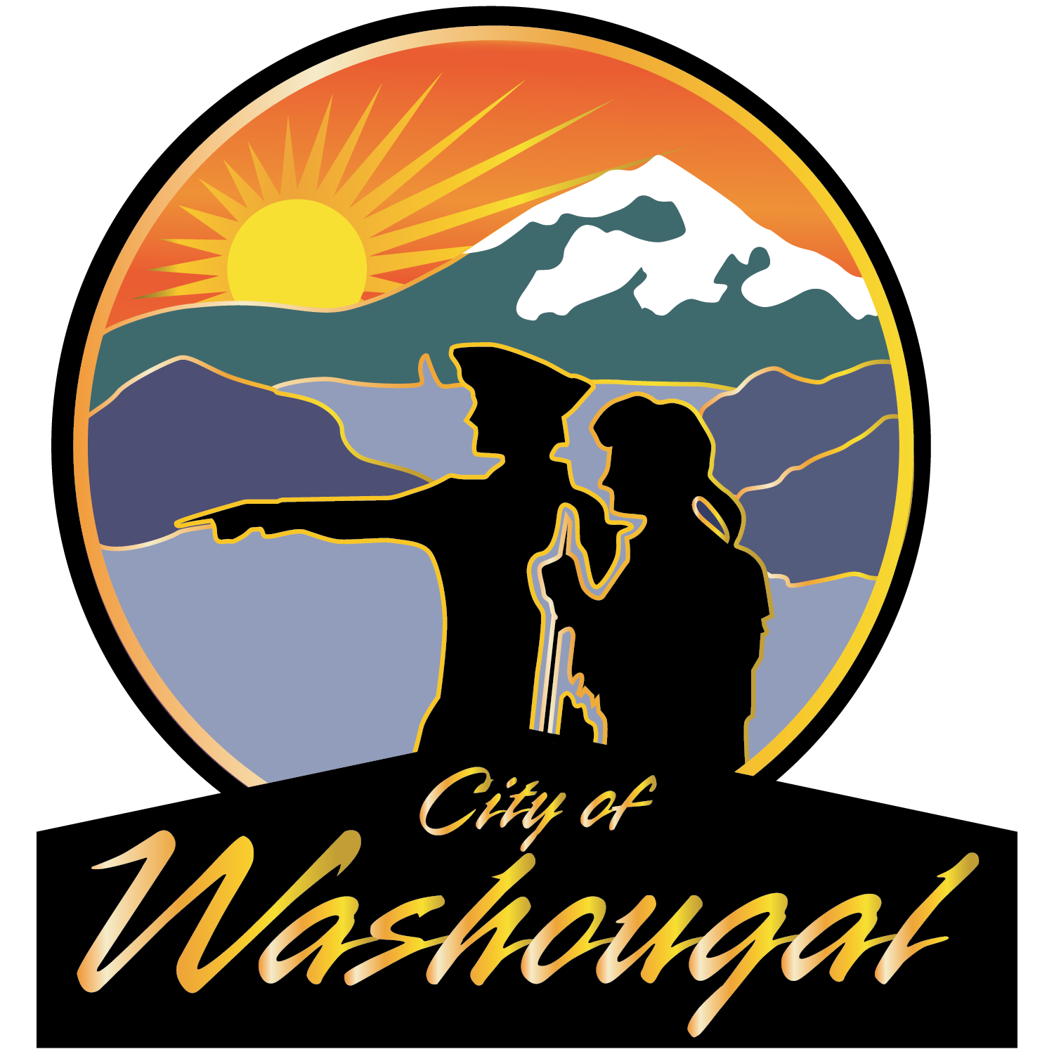 A circular emblem featuring a stylized landscape with a sunrise, mountains with snow caps, and a silhouette of two people in the foreground, one pointing and one talking. The text reads "City of Washington."