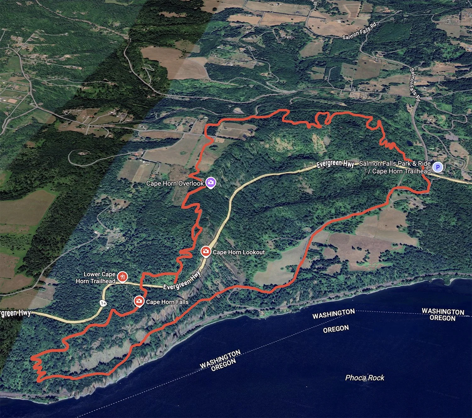 Satellite map showing a hiking trail route around Cape Horn, Oregon, with points of interest such as Cape Horn Lookout, Cape Horn Falls, Lower Cape Horn Trailhead, and Salmon Falls Park & Ride. The trail is marked in red, the area surrounded by forests and farmland, along the Columbia River bordering Washington and Oregon.