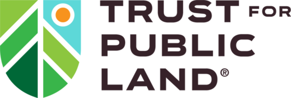 Trust For Public Land logo with colorful geometric shapes and patterns on a light blue background.