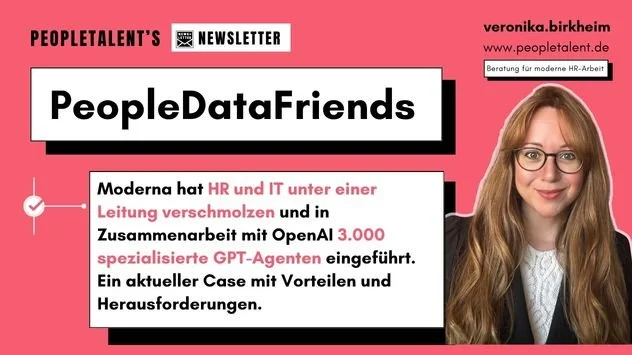 Grafik mit einem Foto einer Frau mit Brille im oberen rechten Bereich. Text auf rosa Hintergrund mit schwarzen, weißen und pinkfarbenen Elementen, beinhaltet die Überschrift 'PeopleDataFriends'.
