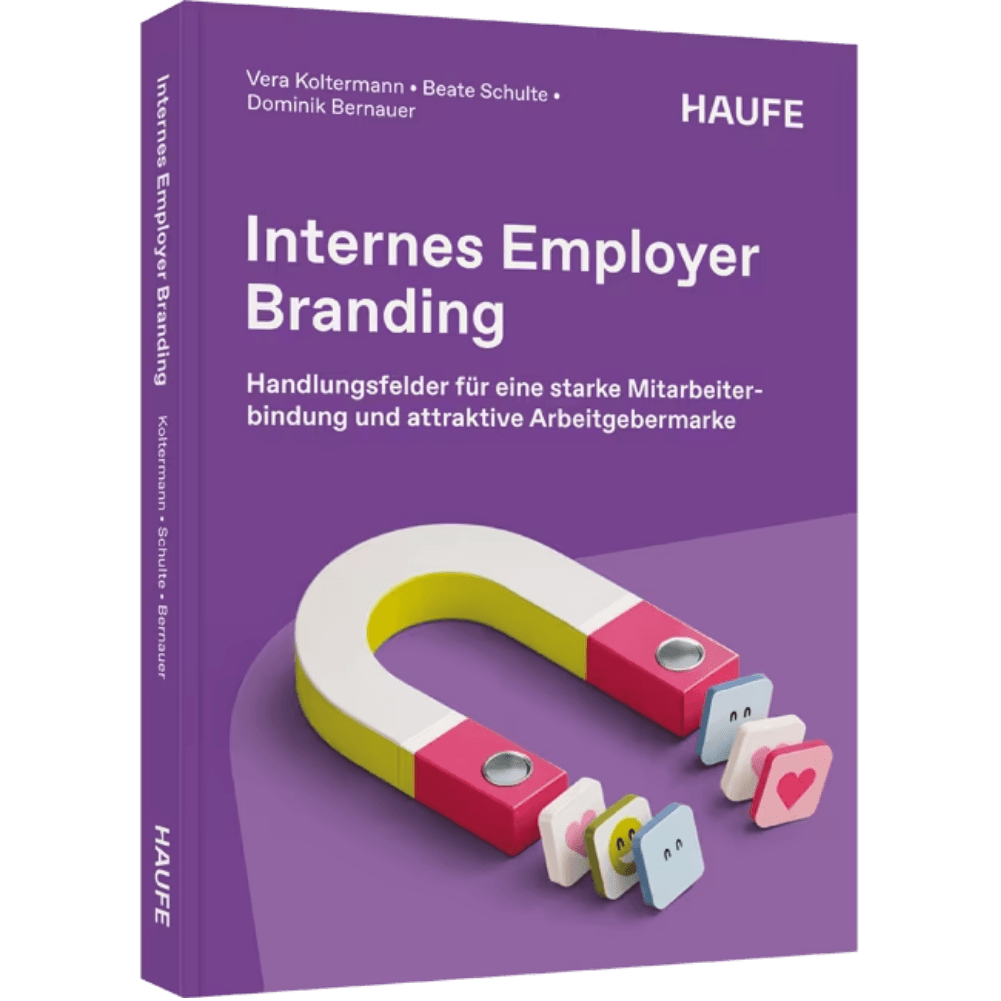 Buchcover des Titels "Internes Employer Branding" mit einem Hypno-Magnet, der auf Glückssymbole zeigt.