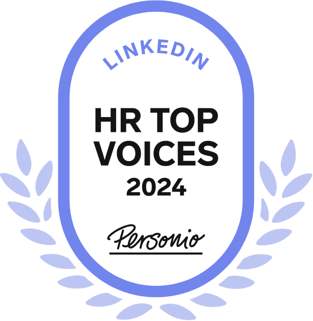 Bild eines Auszeichnungslogos für LinkedIn HR Top Voices 2024, von Personio, mit blauer Verzierungsrahmen und stilisierten Blättern