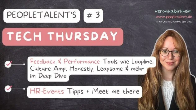 Grafik zu PeopleTalent's #3 Tech Thursday mit Themen zu Feedback und Performance sowie HR-Events, mit einem Bild von einer Frau mit Brille auf der rechten Seite.