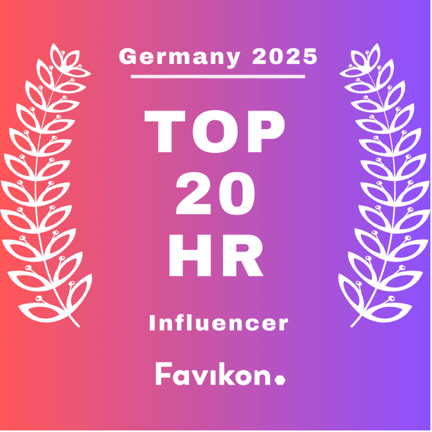 Grafik mit Text, der Deutschland 2025, Top 20 HR Influencer in Favkon zeigt, umgeben von weißen Laub-Illustrationen auf einem Farbverlaufshintergrund in Rot, Orange, Pink, Lila und Blau.