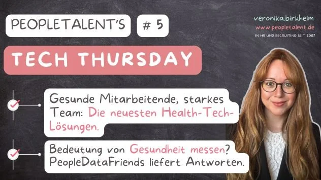 Grafik mit Text und einem Portrait einer Frau mit Brille und langen braunen Haaren auf der rechten Seite. Der Text umfasst Titel und Bulletpoints zu Gesundheit, Team und Tech-Lösungen, mit farblichen Hervorhebungen in Rosa und Schwarz.