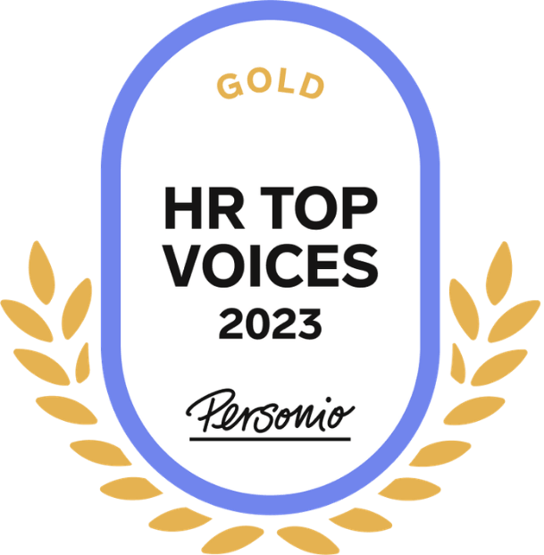 Goldene Auszeichnung für die besten HR-Stimmen 2023 von Personio, mit goldenen Lorbeerblättern