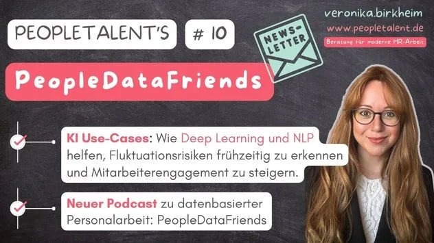 Eine Präsentationsfolie über die PersonDataFriends, mit einer Frau am rechten Bildrand, die ein Lächeln zeigt, und Text über Anwendungsfälle von KI und einen neuen Podcast.
