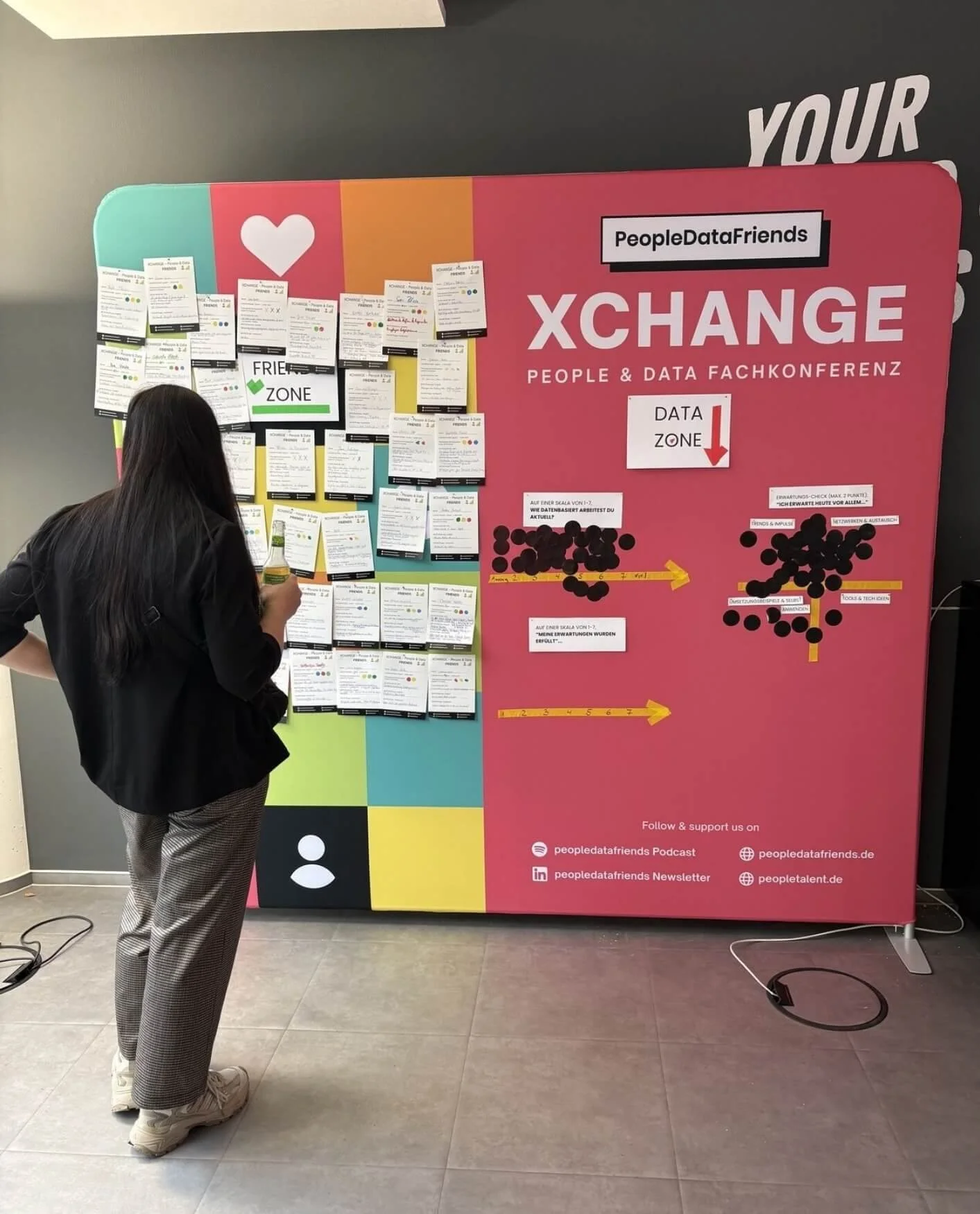 Eine Person schaut auf ein buntes Informationsboard bei einer Fachkonferenz namens XCHANGE, organisiert von PeopleDataFriends, mit mehreren Informationskarten, Pfeilen und Texten zum Thema Daten und Menschen.