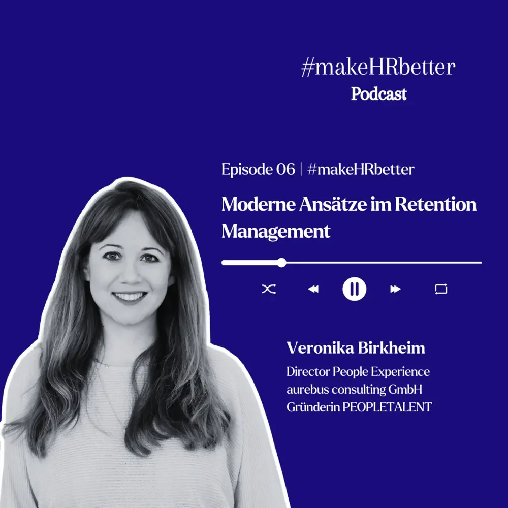 Grafik Werbung für einen Podcast mit Veronika Birkheim zum Thema moderne Ansätze im Retention Management, Episode 06, mit Play-Button, Pegelregler und Meet-Icon, in Deutsch.