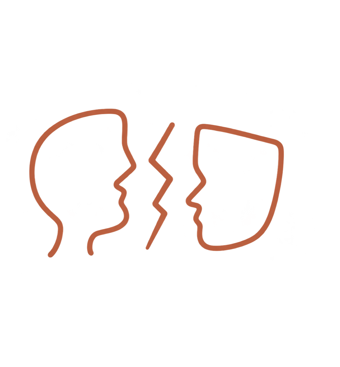 Two face profiles separated by a jagged line, representing relationship conflict or disconnection