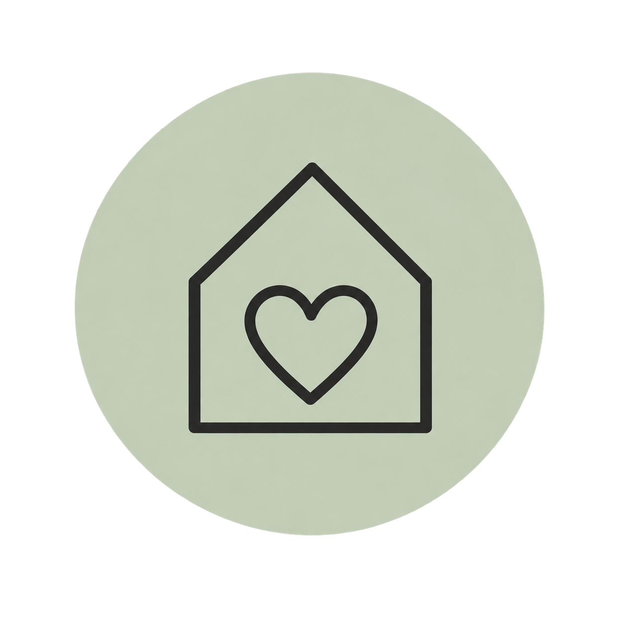 Icon of a house with a heart inside, on a light green circular background