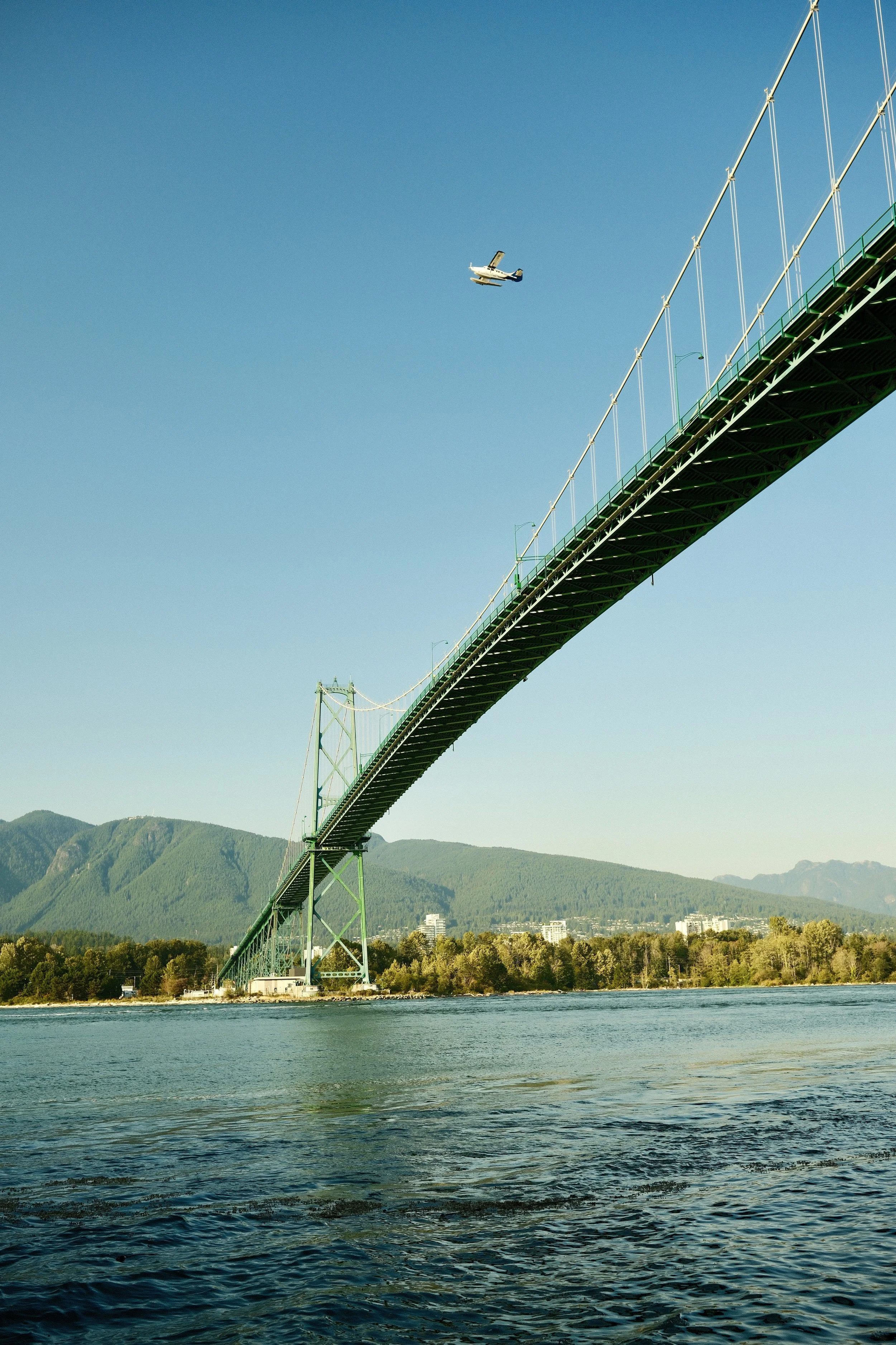 Suspension bridge over blue water with mountains in the background