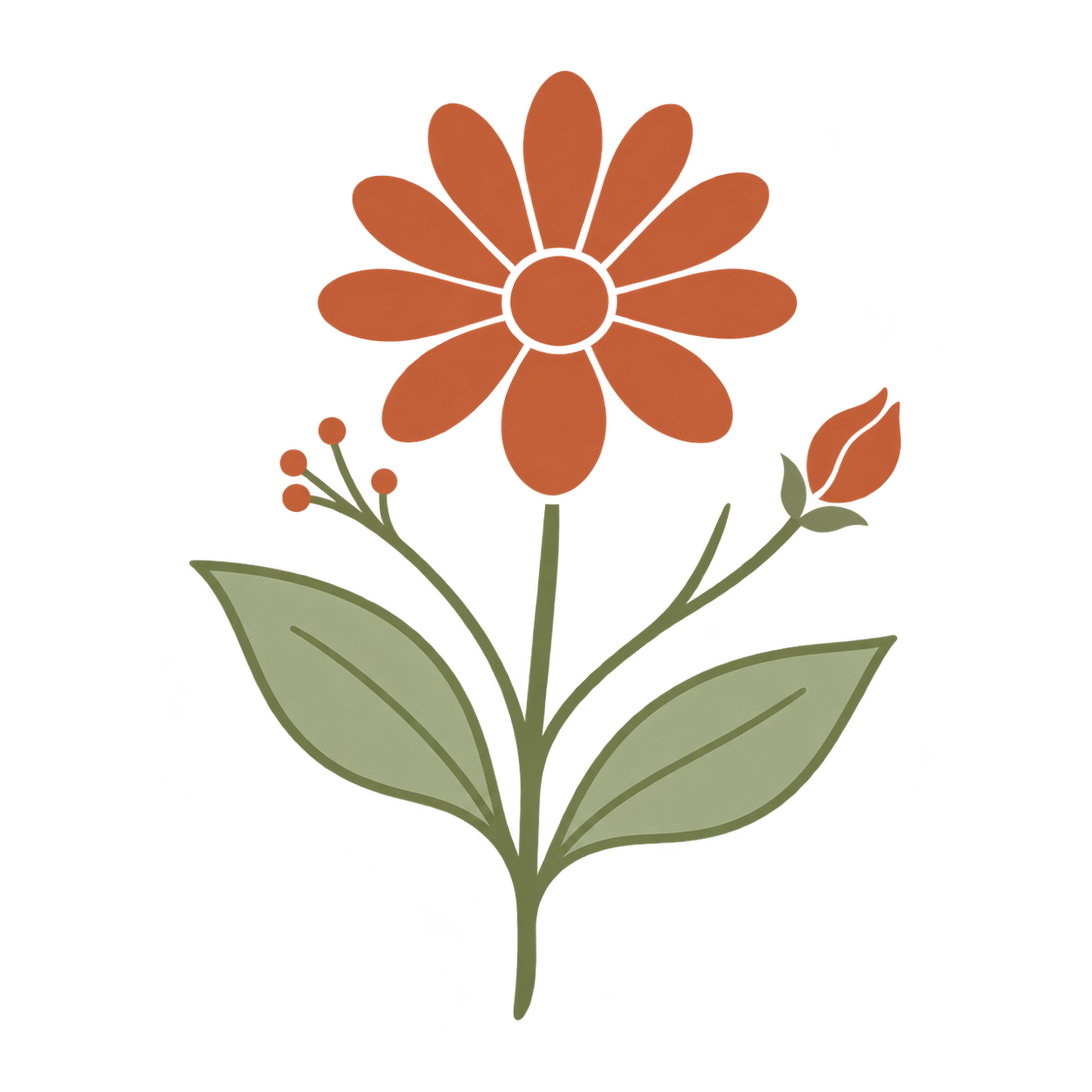 Illustration of an orange flower with green leaves and a small new bud