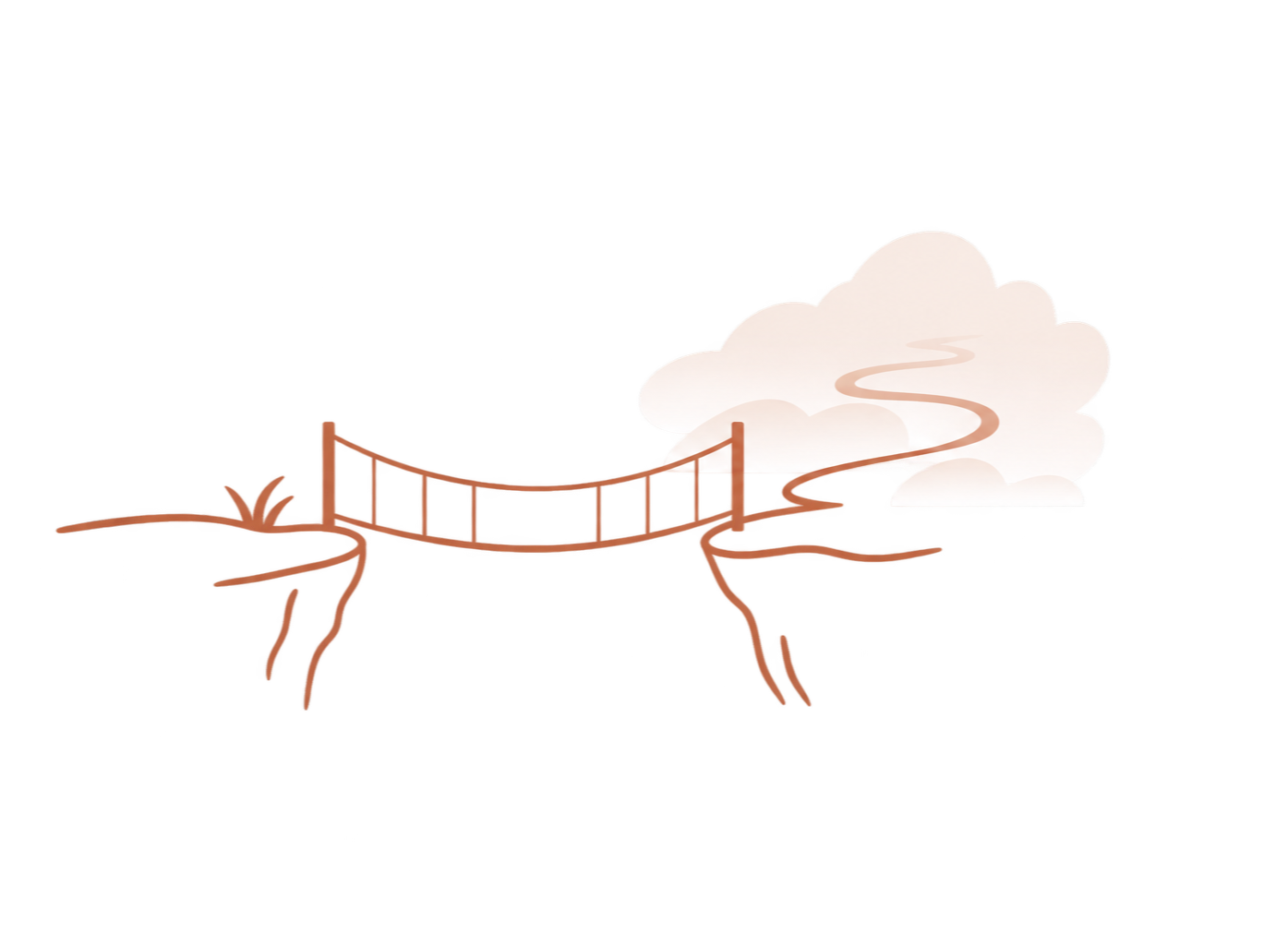 Line drawing of a bridge connecting two sides of a landscape, with a winding path and cloud in the background
