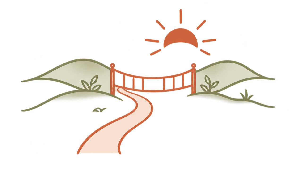Line drawing of a bridge connecting two sides of a landscape, with a rising sun in the background