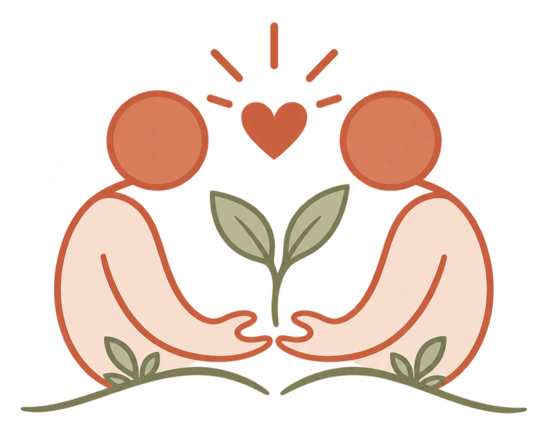 Illustration of two people holding a growing plant together beneath a glowing heart