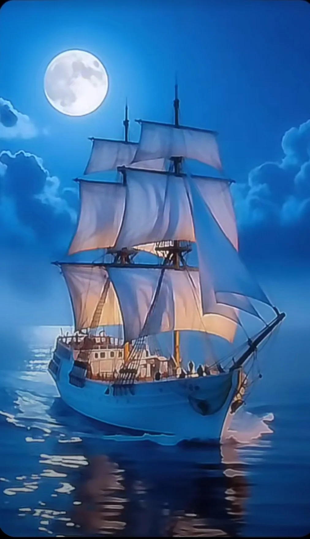 Un barco de velas navegando en el océano bajo un cielo nocturno iluminado por la luna llena.