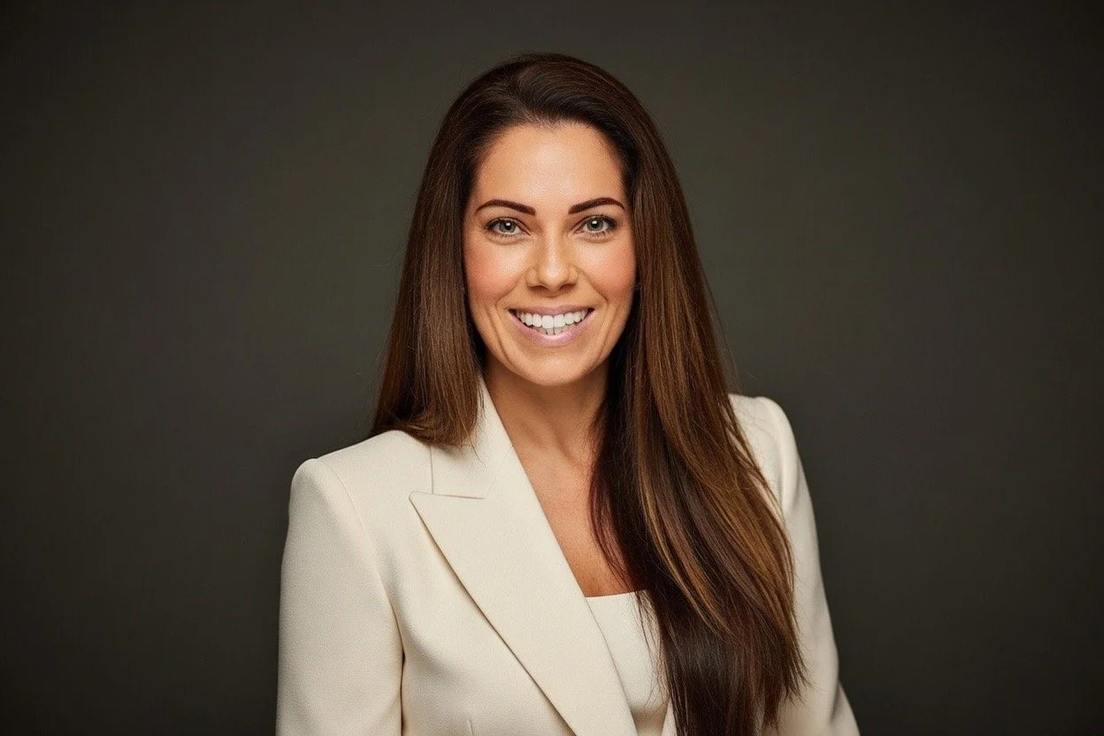 Professional woman with long brown hair smiling, wearing a white blazer, against a dark background.